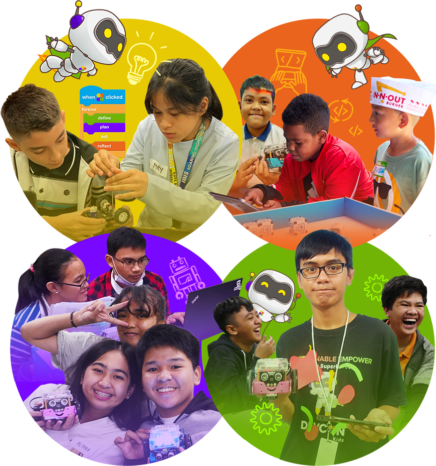 Collage of Filipino kids building robots and coding at DEVCON Kids camps